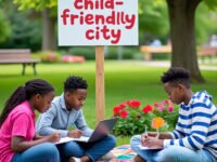 Ilustrasi sejumlah remaja sedang belajar di taman dibawah plang bertuliskan kota ramah anak