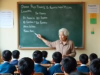 Ilustrasi seorang guru dengan semangat mengajarkan muridnya di kelas. (Ist)