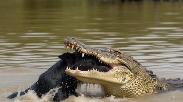 Ilustrasi seekor buaya menyerang anjing hitam di Muara Cikaso Sukabumi. (Ist)