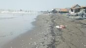 CECERAN minyak mentah mengotori pantai Cemarajaya, kuat dugaan limbah minyak tersebut milik pertamina. (Damara Ichsan/Mediaseruni)